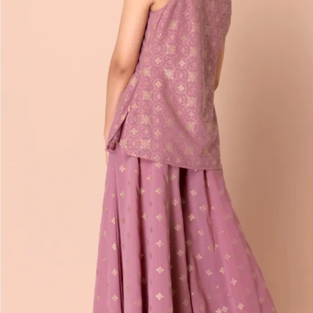Light Pink Foil Print Sharara And Short Kurta (Set of 2)